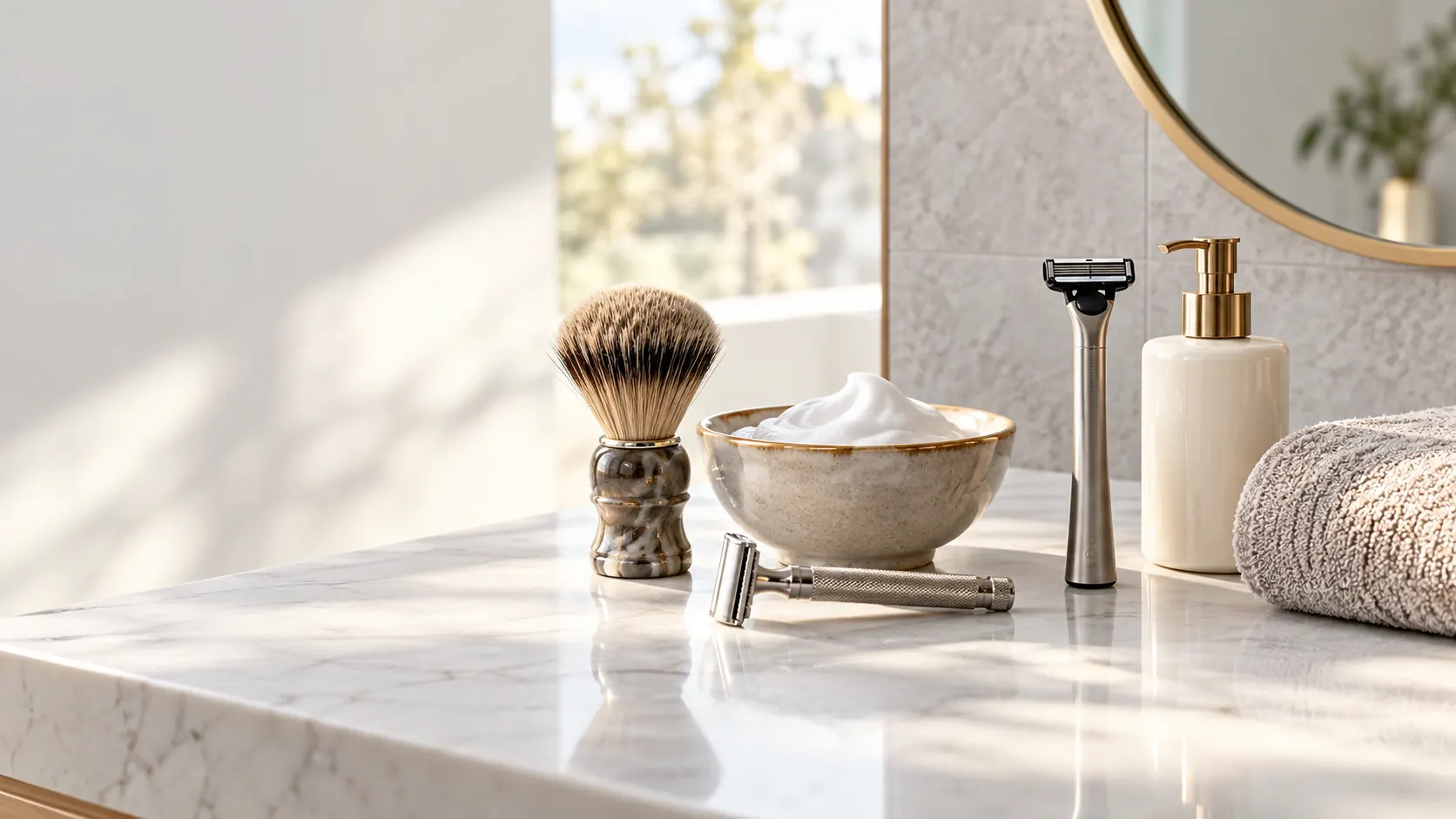 Plan de salle de bain avec deux nécessaires de rasage côte à côte, blaireau et rasoir de sûreté à gauche, rasoir fin et lotion à droite